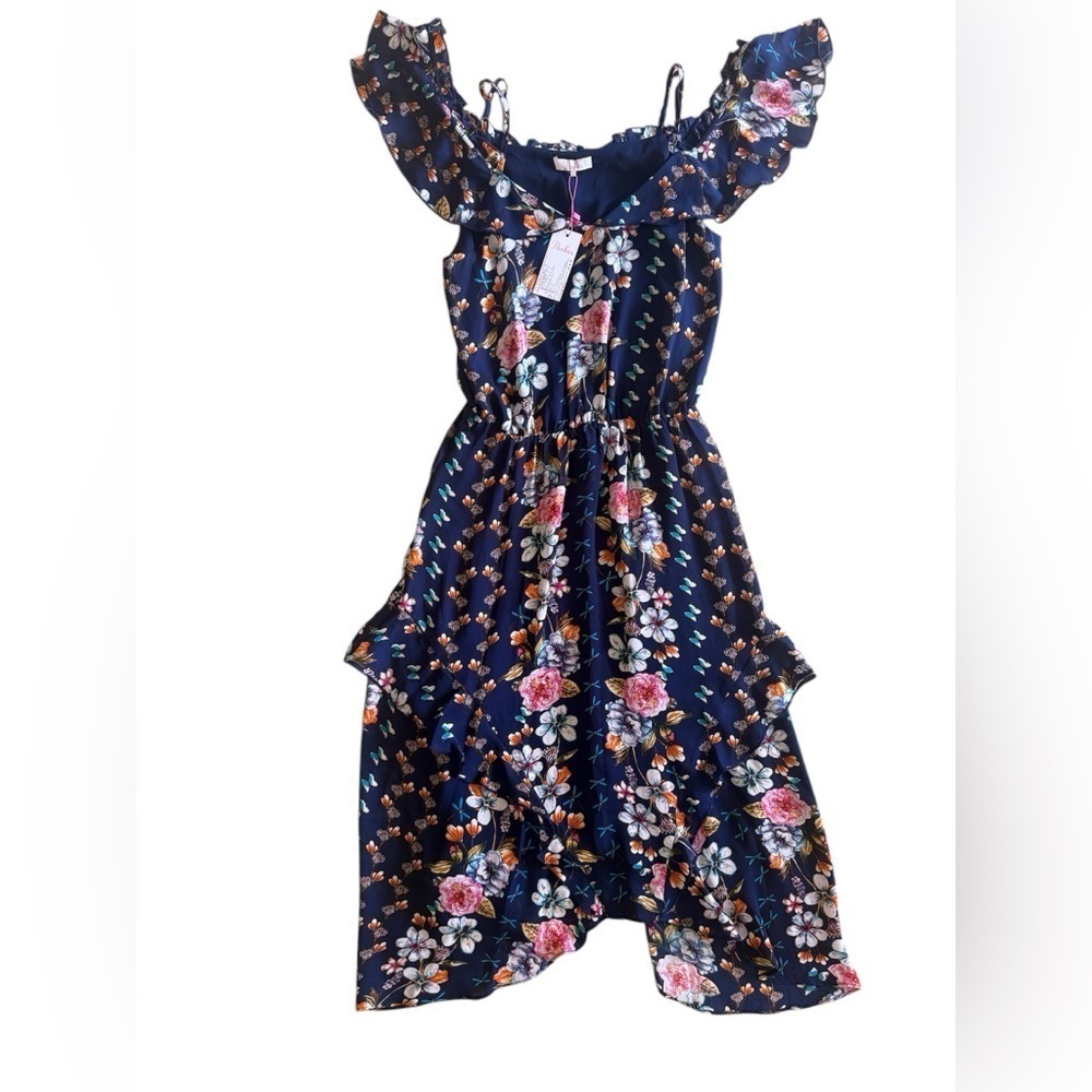 Parker dark blue background with floral print cold-shoulder ruffled sleeves M